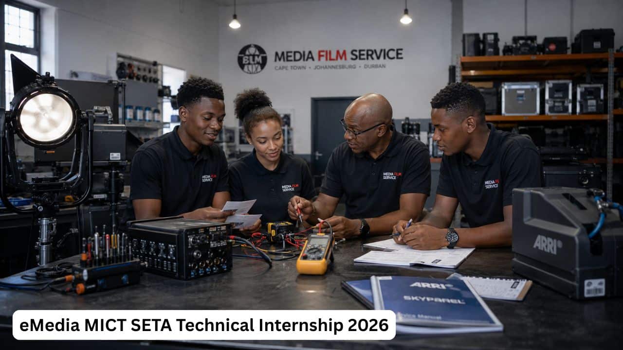 Young South African technical interns reviewing electronic equipment and repair documents inside a Media Film Service workshop.