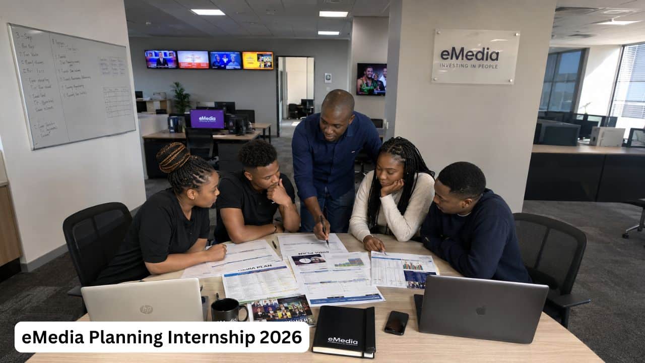 Young South African media graduates preparing for the eMedia Planning Internship in a broadcast office