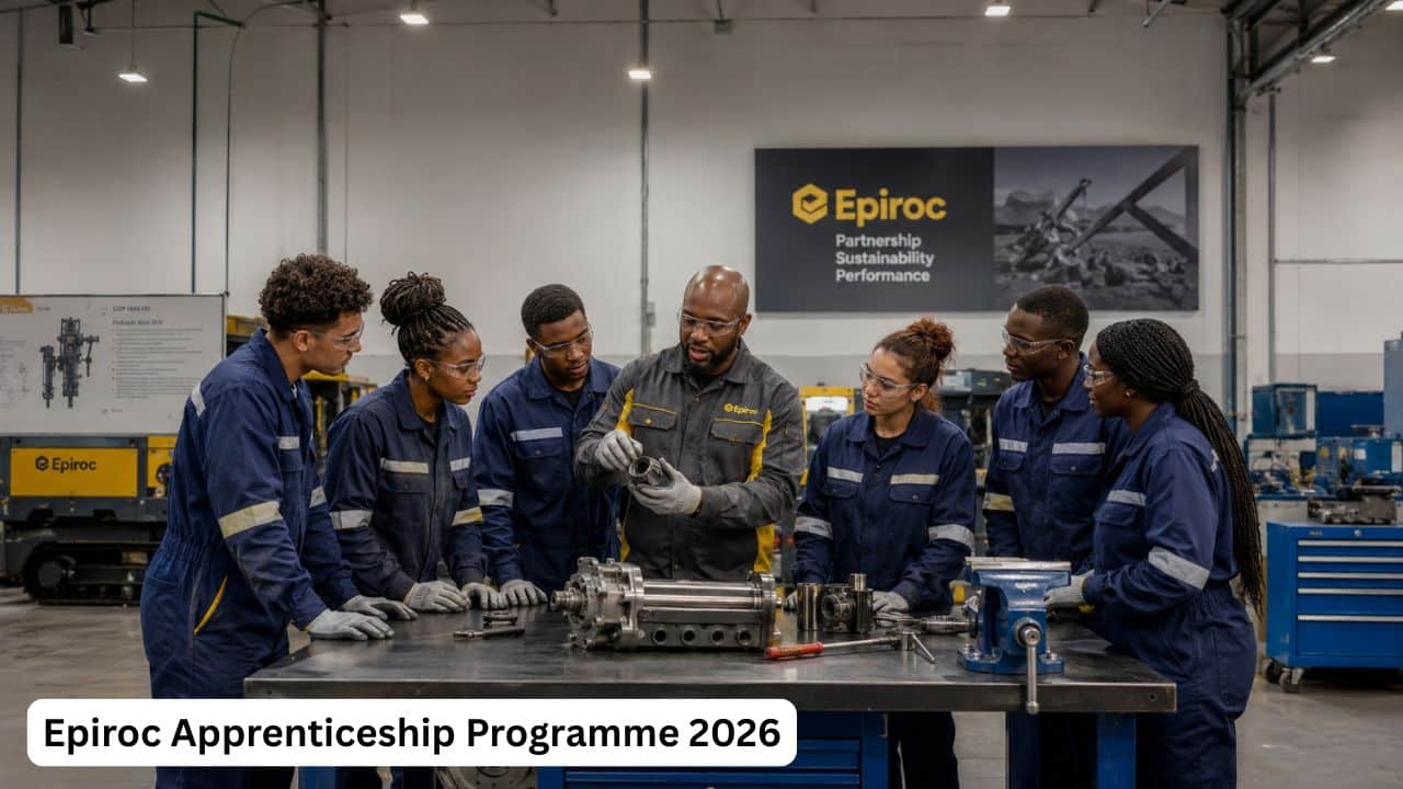 South African apprentices receiving technical training in an Epiroc engineering workshop.