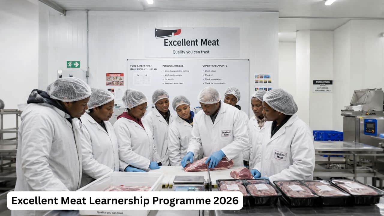 Young South African learners receiving meat processing and food safety training during the Excellent Meat Learnership Programme.