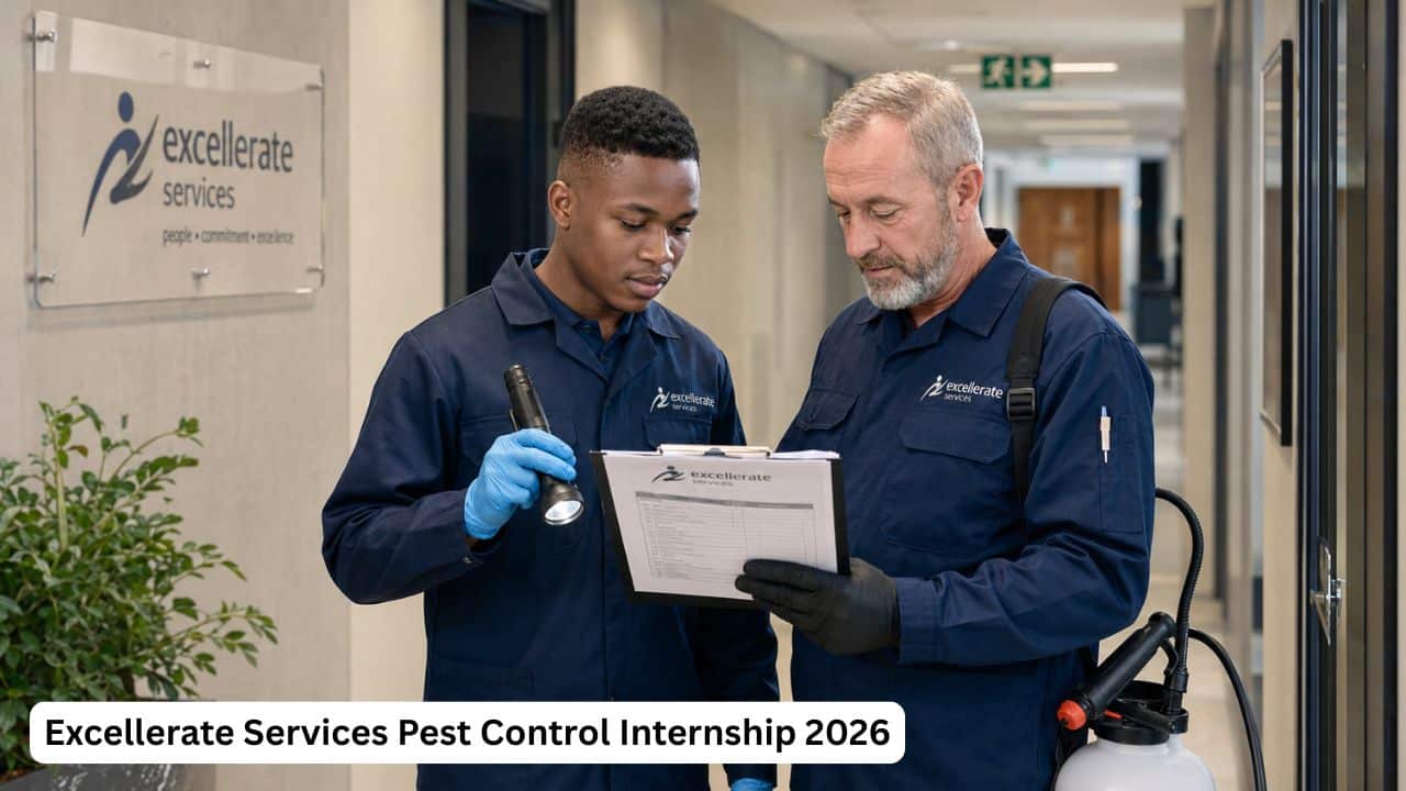 Young South African intern assisting a pest control technician during an Excellerate Services facilities inspection.