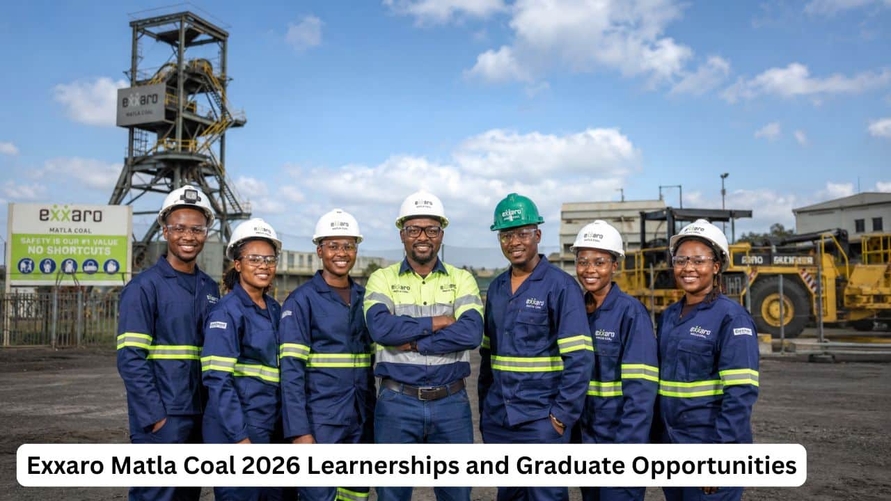 Young South African trainees wearing mining safety gear during an Exxaro Matla Coal development programme.