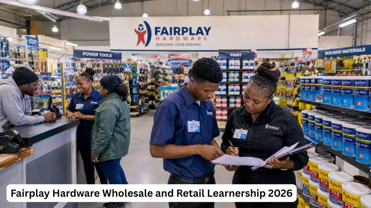 Young South African retail learners receiving workplace training inside a Fairplay Hardware store.
