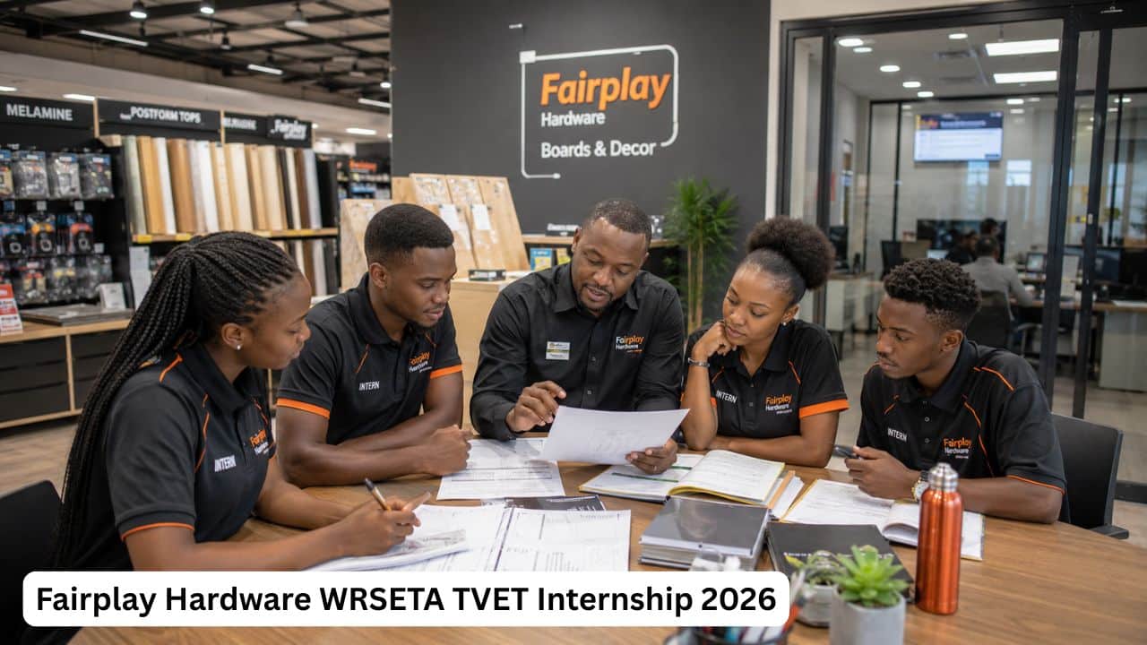 Young South African TVET interns reviewing business administration documents inside a Fairplay Hardware retail training environment.