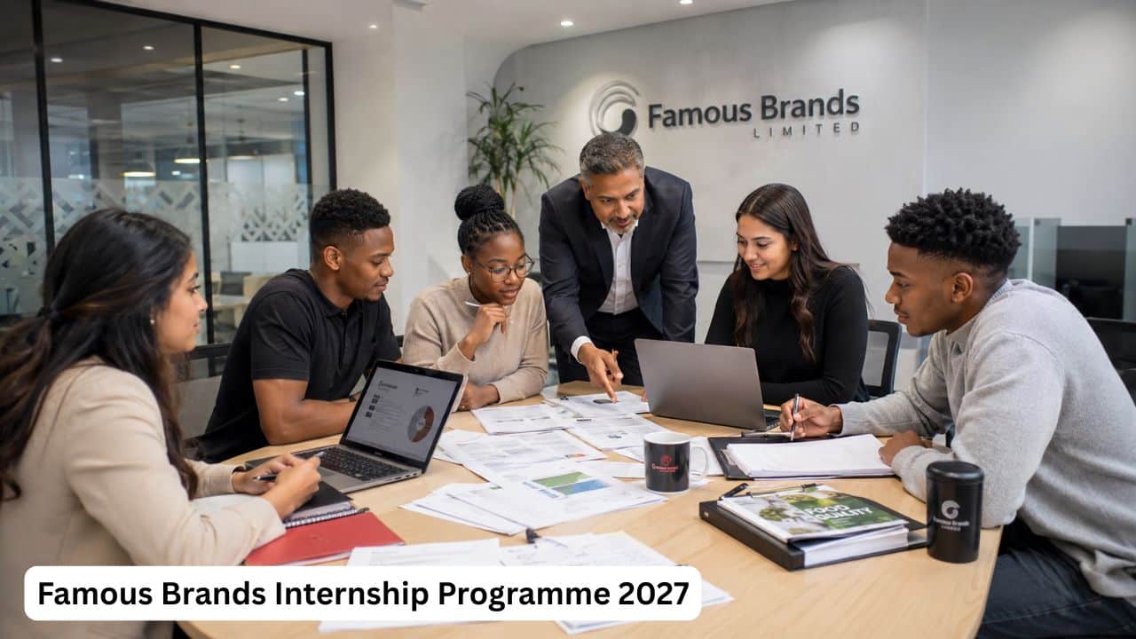 Young South African graduate interns reviewing business documents and training notes inside a Famous Brands office.
