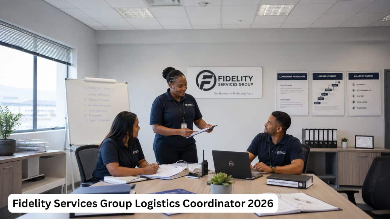 South African logistics coordinator reviewing learner attendance records, placement schedules and training programme documents.