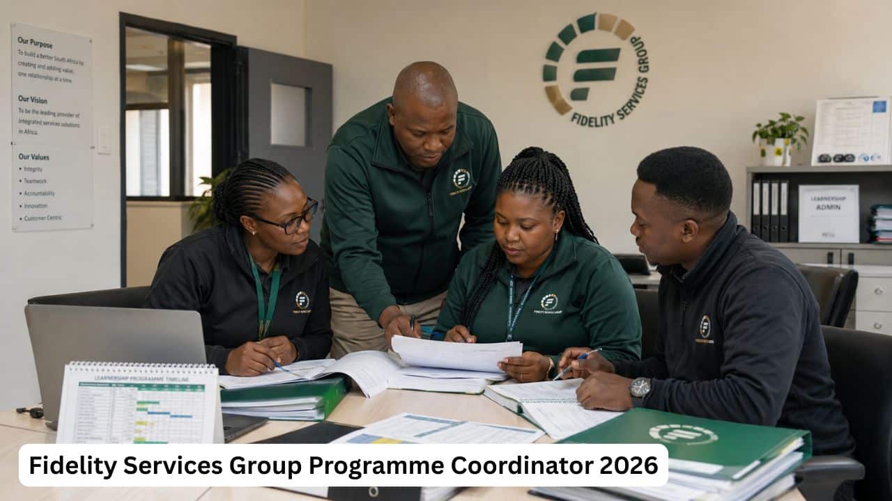 South African programme coordinator reviewing learner files, attendance registers and learnership reporting documents.