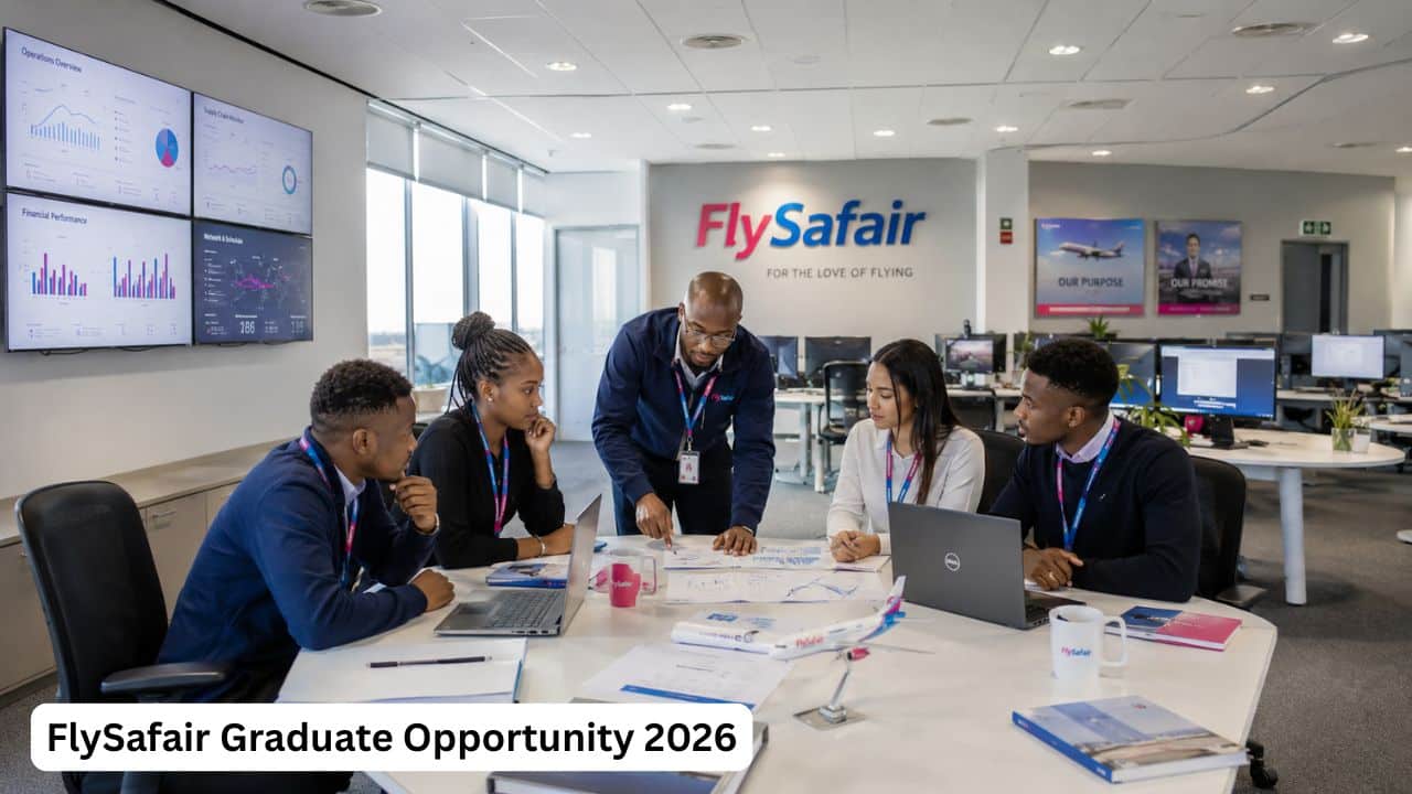 Young South African graduates reviewing aviation operations, analytics and business planning documents inside a FlySafair office.