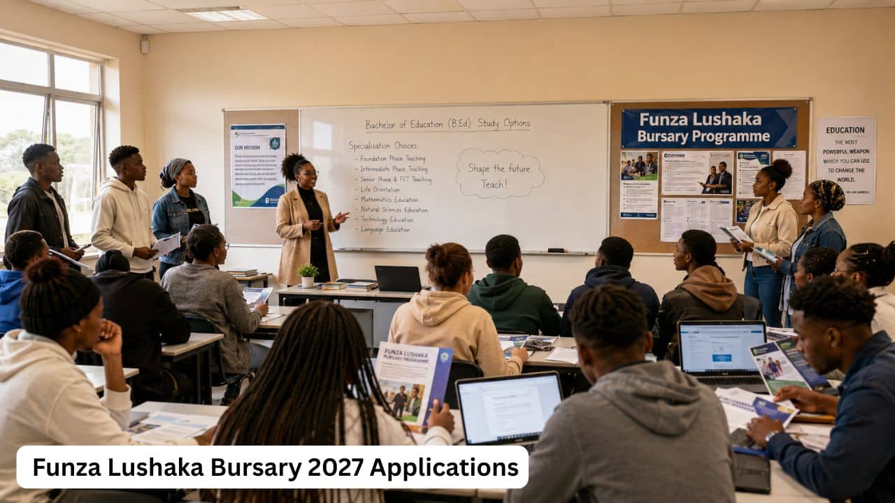 South African learners attending a Funza Lushaka Bursary information session for teaching studies.