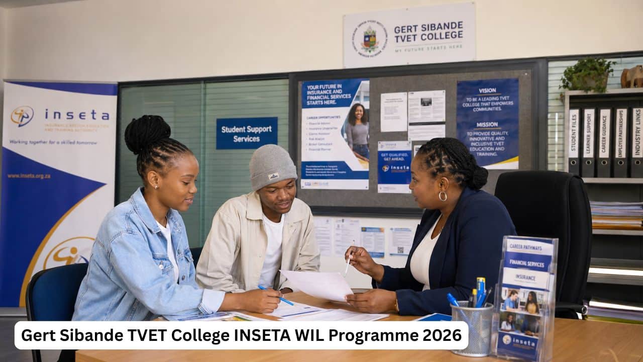Young South African TVET students preparing documents for the Gert Sibande TVET College INSETA WIL Programme 2026.