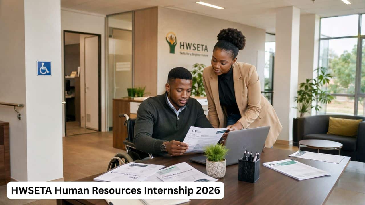 Young South African Human Resources intern working on HR documents in a professional HWSETA office setting