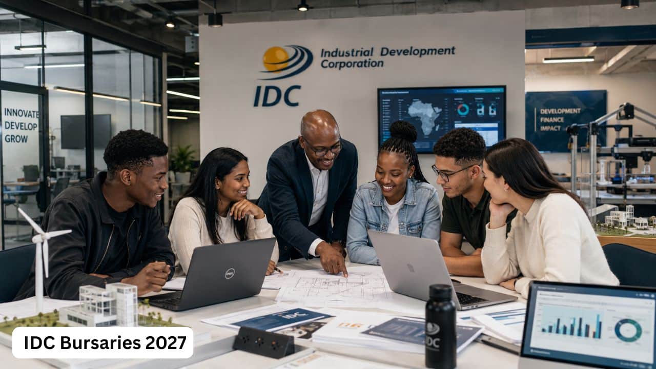 Young South African students reviewing engineering, finance and technology study documents for IDC Bursaries 2027.