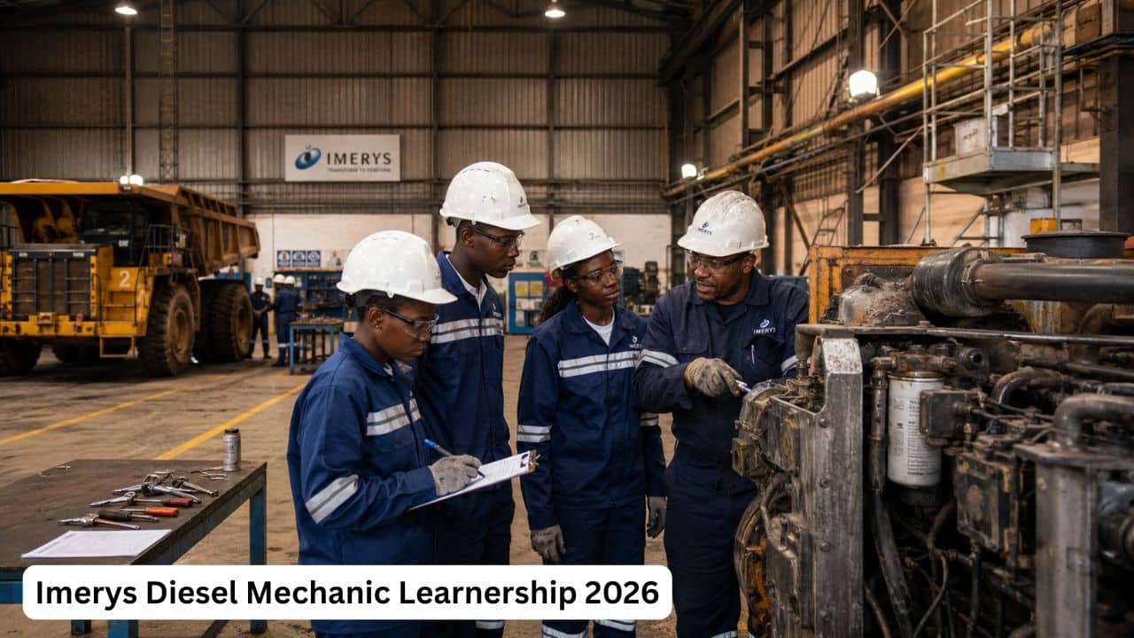 Young South African diesel mechanic learners gaining practical workshop experience during an Imerys learnership.