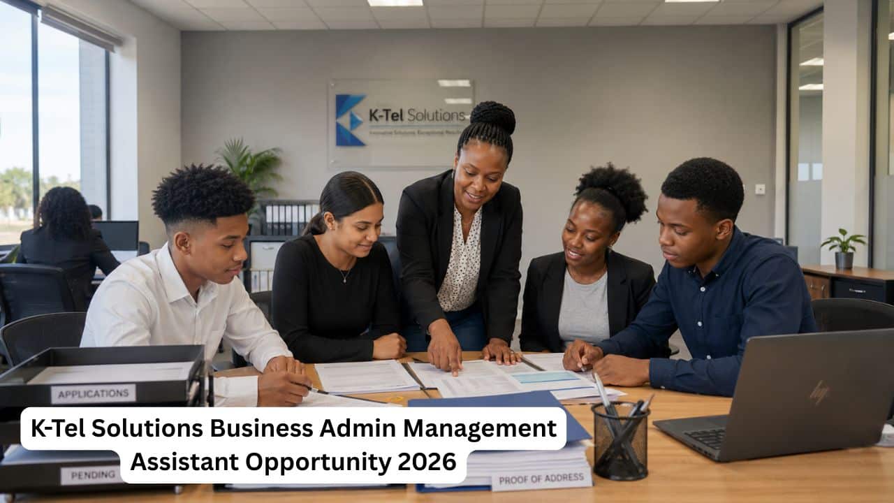 Young South African candidates reviewing business administration and management assistant documents inside a K-Tel Solutions office.
