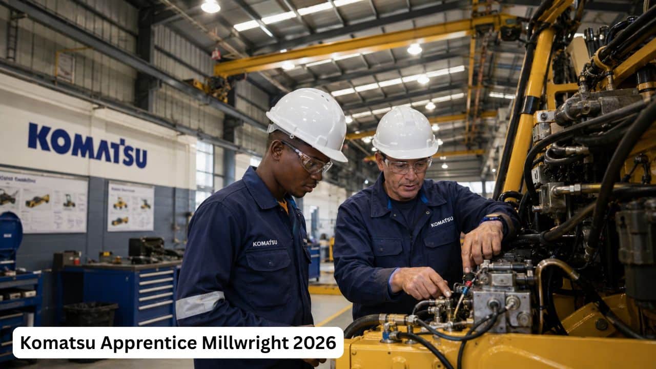 Young South African apprentice millwright receiving technical training in a Komatsu workshop.