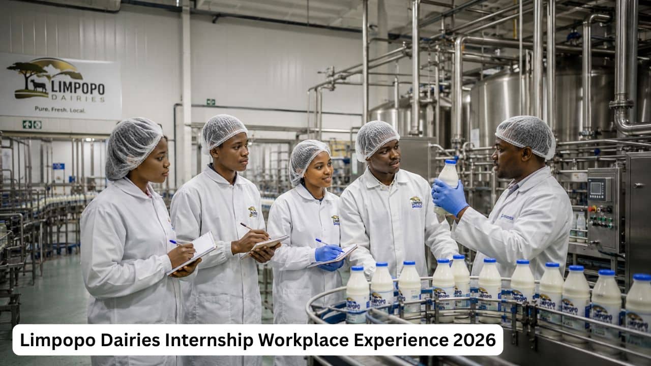 Young South African trainees gaining workplace experience in dairy production at Limpopo Dairies.
