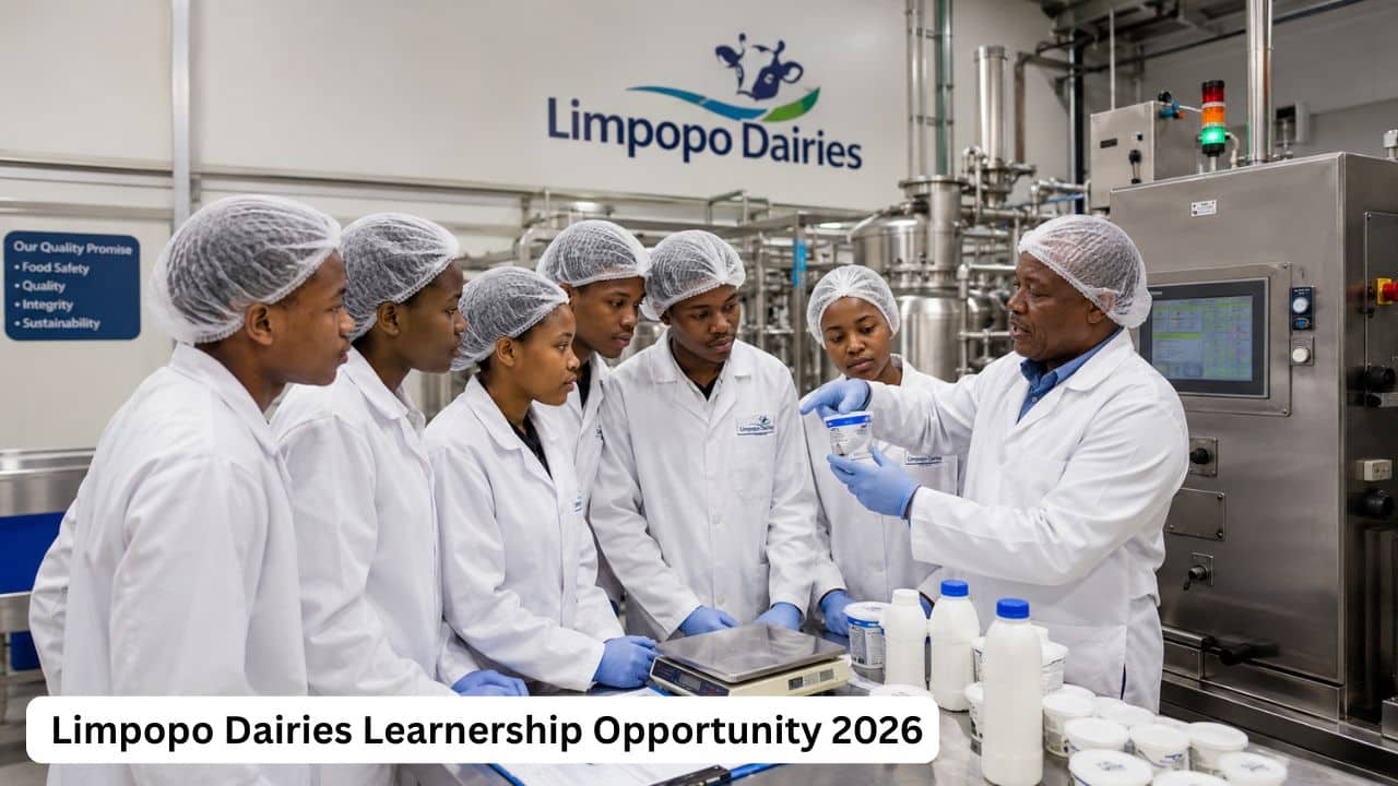 Young South African learners gaining dairy production and food manufacturing experience through the Limpopo Dairies Learnership Opportunity 2026.
