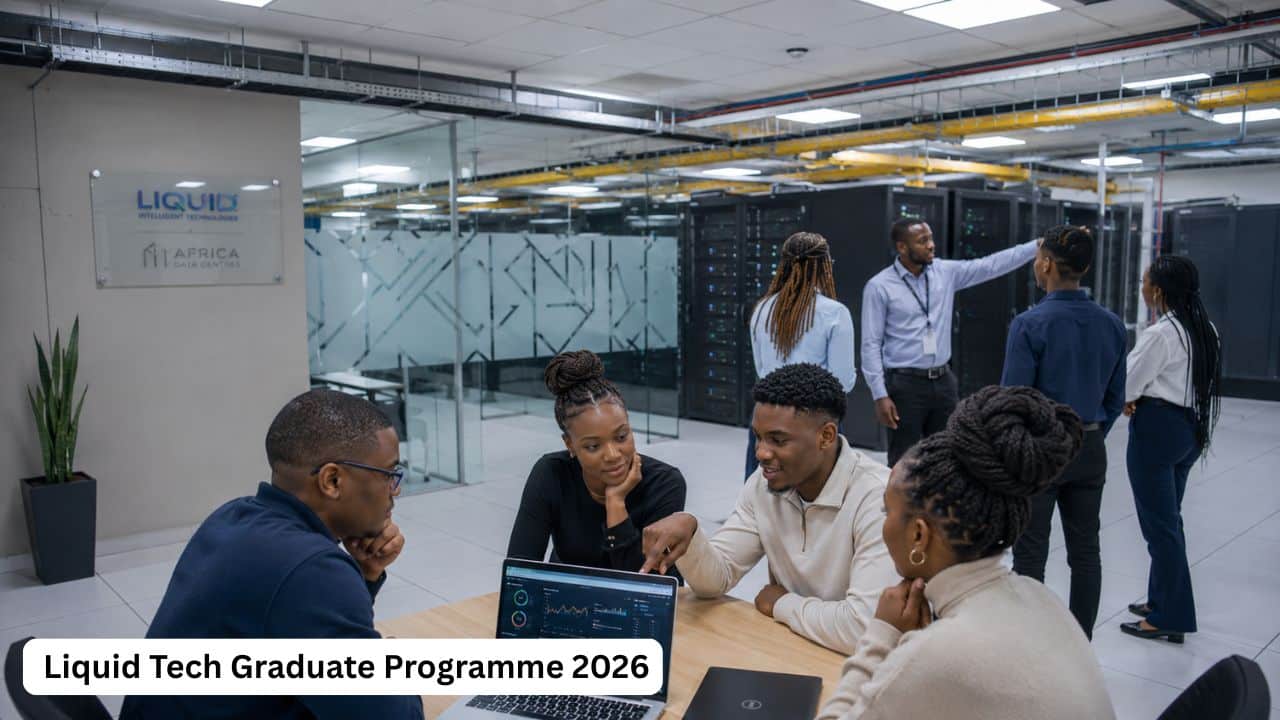 South African graduates in a modern data centre environment for the Liquid Intelligent Technologies and Africa Data Centres Graduate Programme