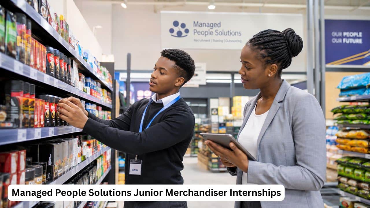 Young South African Junior Merchandiser intern arranging retail stock during a Managed People Solutions internship.