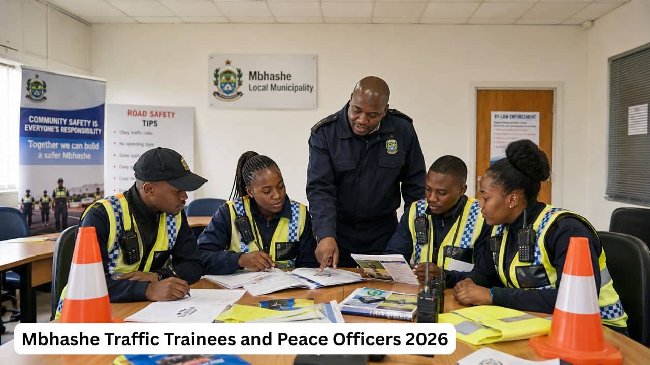Young South African municipal public safety trainees reviewing traffic safety and peace officer training materials.