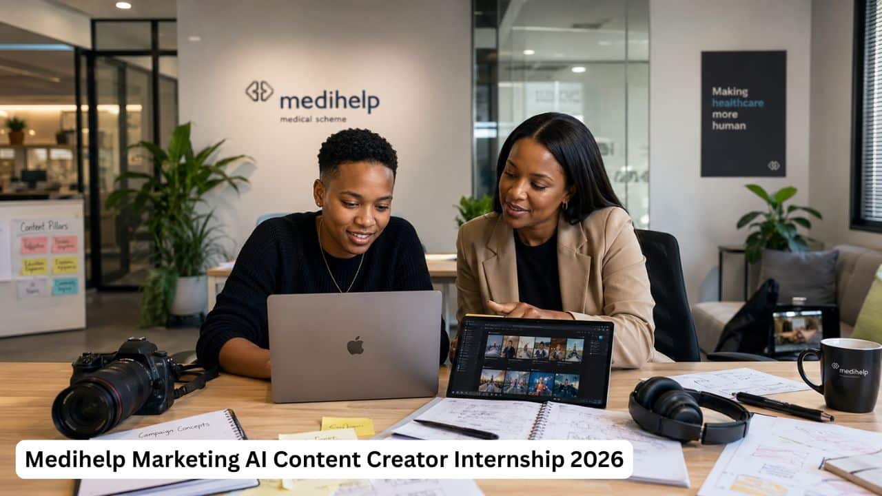 Young South African graduate creating AI-assisted digital marketing content for the Medihelp Marketing AI Content Creator Internship 2026.