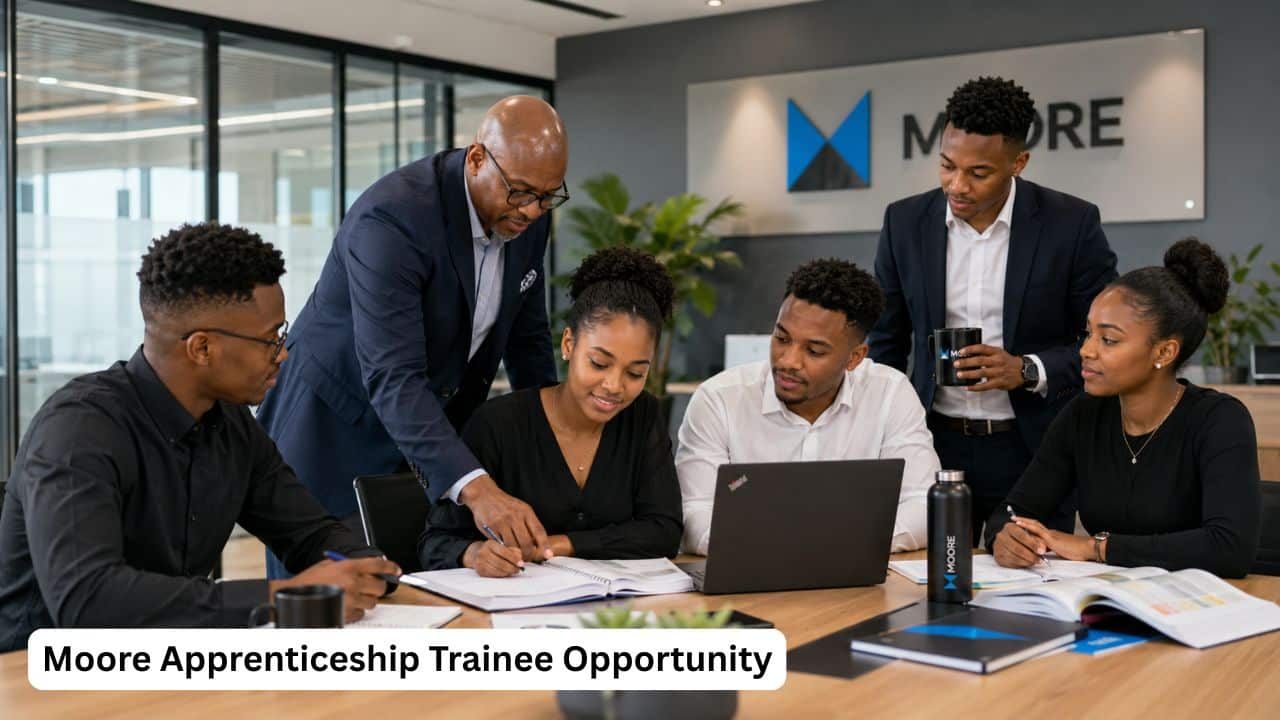 Young South African trainee professionals reviewing client files and training notes inside a Moore office.