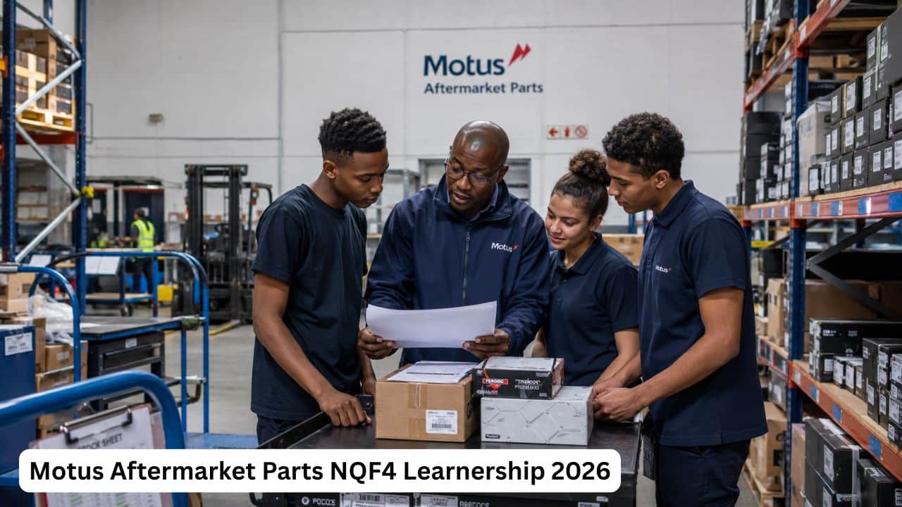 Young South African candidates preparing for the Motus Aftermarket Parts NQF4 Learnership in an automotive warehouse