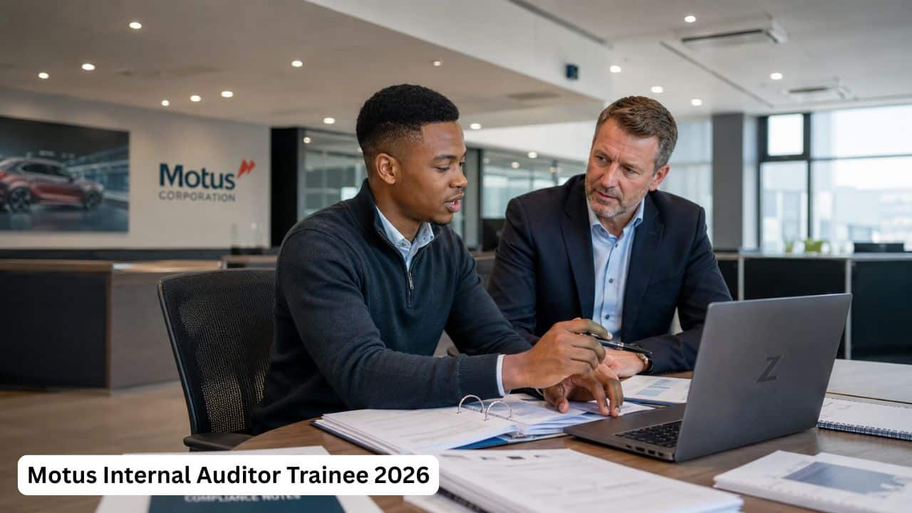 Young South African internal auditor trainee reviewing audit documents during a Motus finance internship.