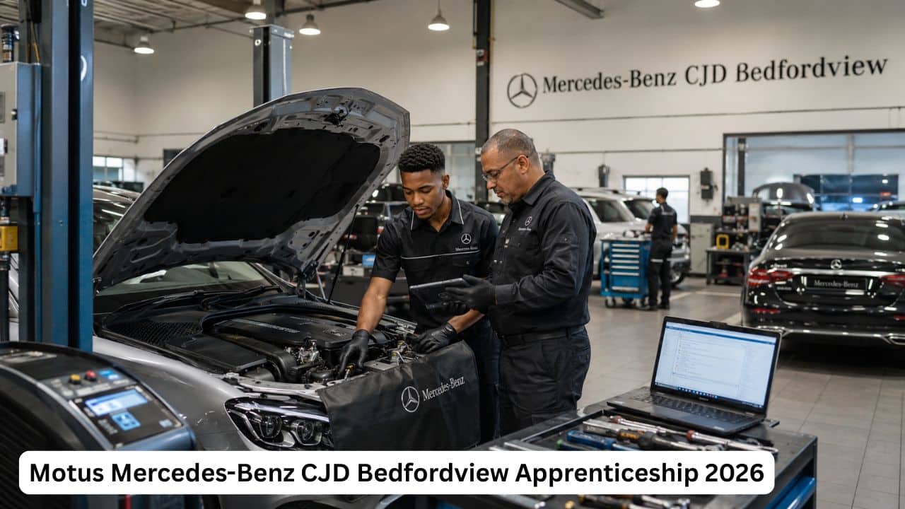 Young South African automotive apprentice shadowing a technician during vehicle servicing inside a Mercedes-Benz workshop.