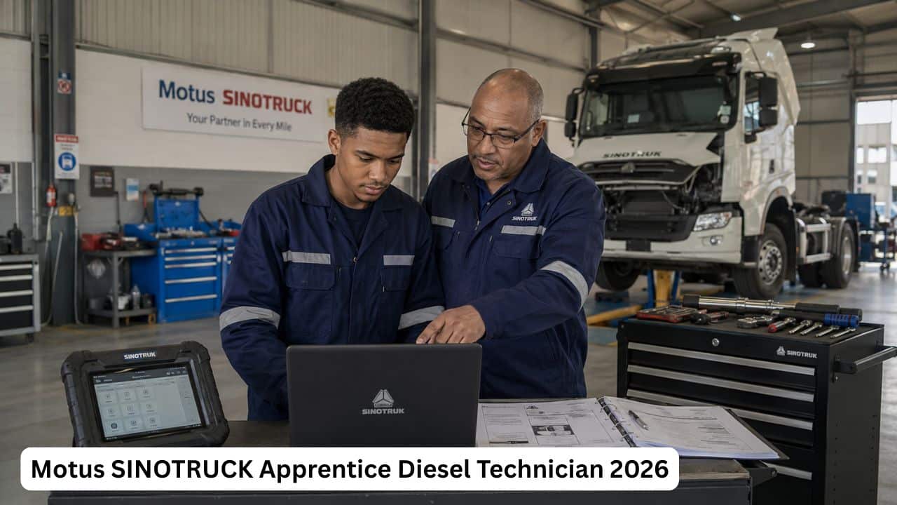 Young South African diesel technician apprentice learning truck diagnostics and repairs inside a commercial vehicle workshop.