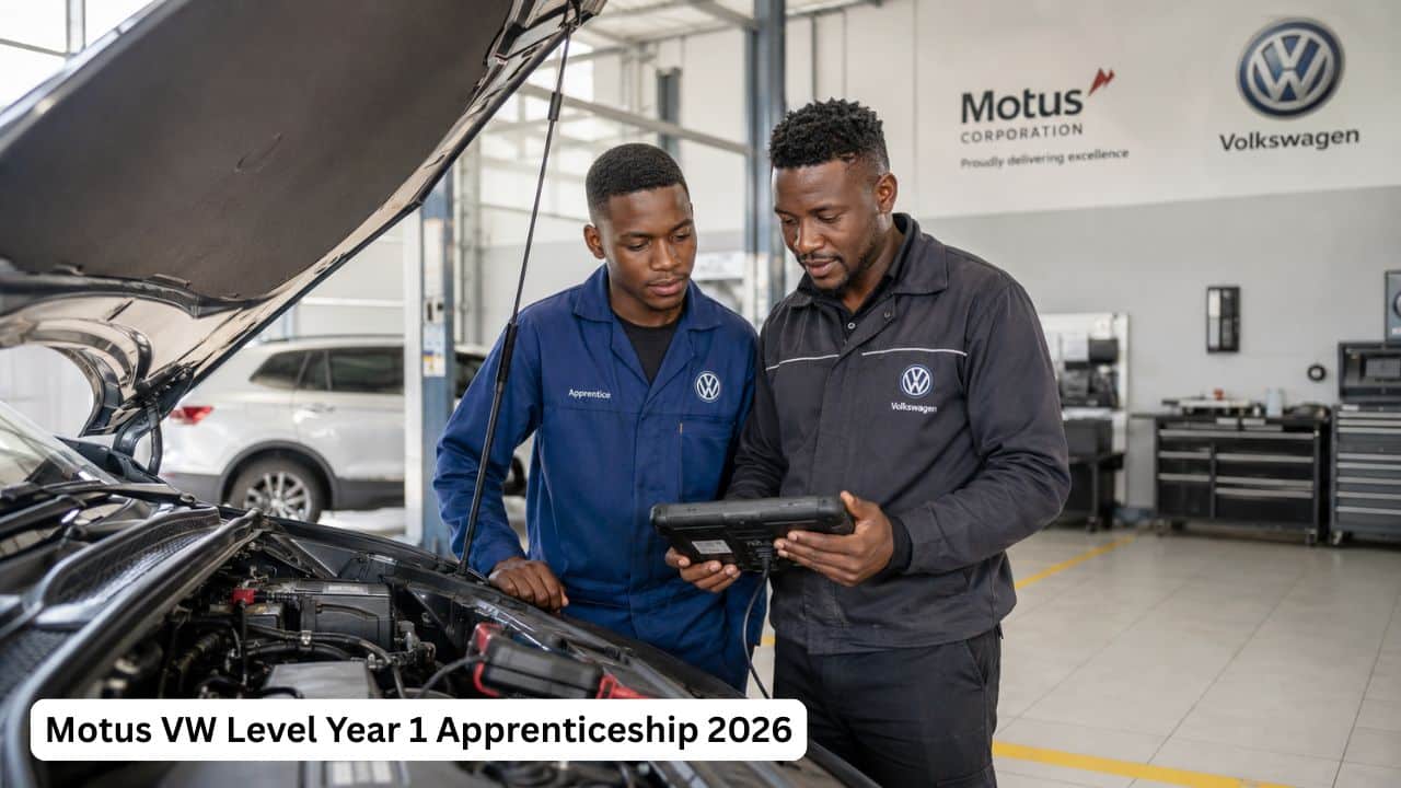 Young South African automotive apprentice receiving workshop training during a Motus VW apprenticeship.