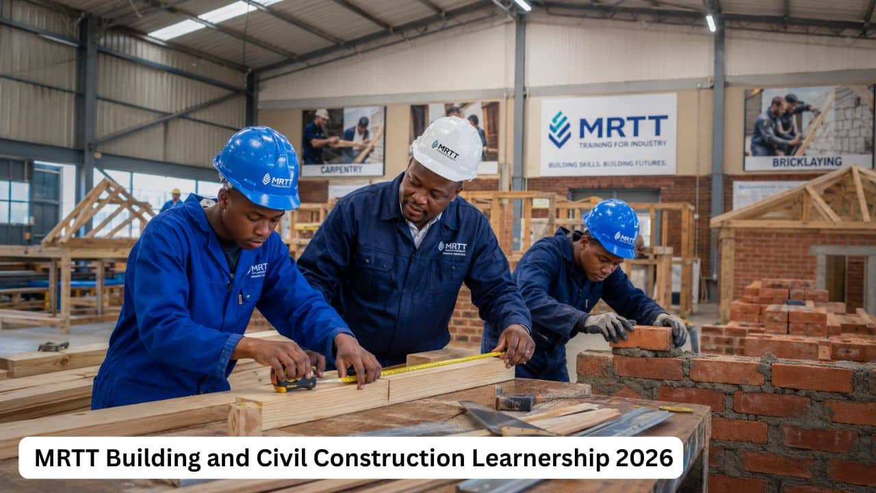 Young South African construction learners gaining carpentry and bricklaying skills through the MRTT learnership programme.