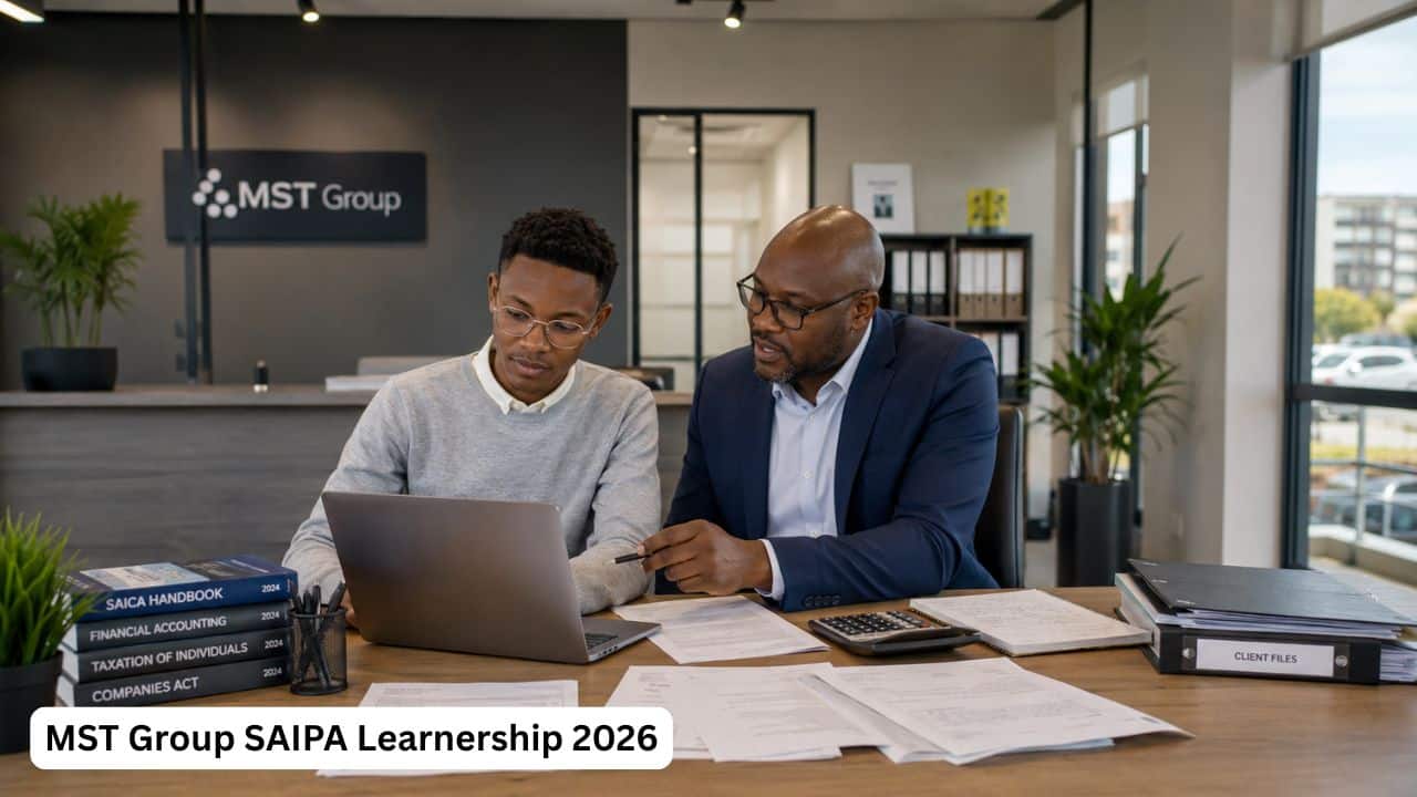 Young South African junior accountant receiving SAIPA learnership training in an accounting office