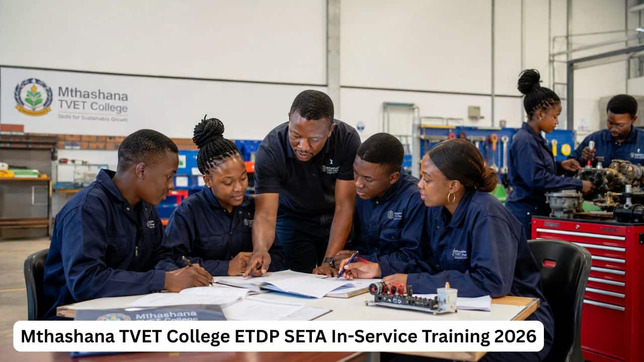 Young South African TVET graduates receiving workplace training through a Mthashana TVET College in-service programme.