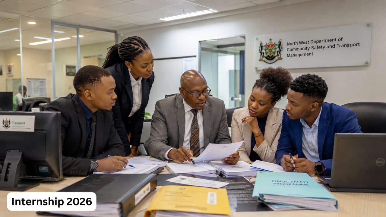 Young South African graduates preparing internship documents in a government community safety and transport office