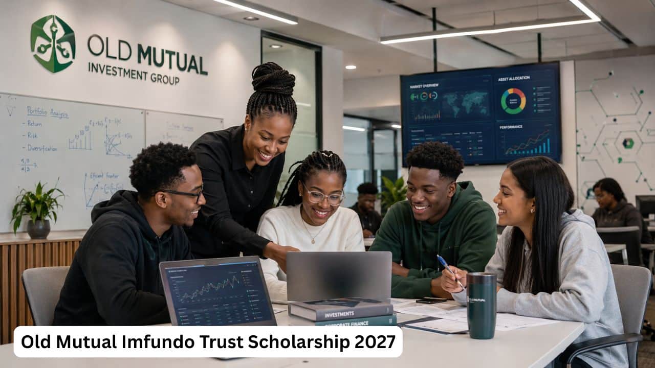 Young South African students reviewing finance and data study materials for the Old Mutual Imfundo Trust Scholarship 2027.