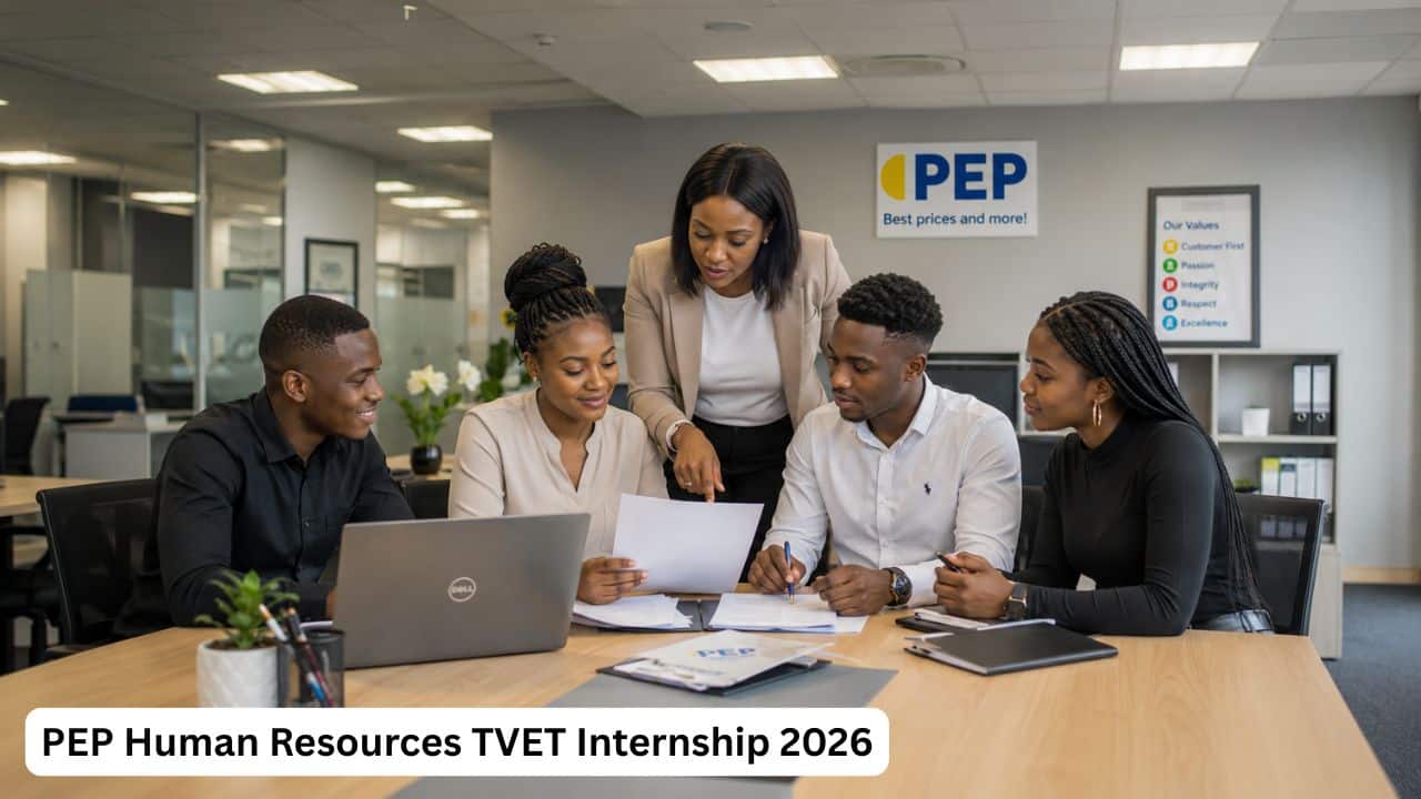 Young South African HR interns receiving workplace training during a PEP Human Resources TVET Internship.