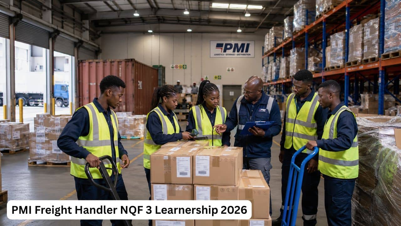 Young South African freight handler learners sorting cargo and checking packages during a PMI logistics learnership.