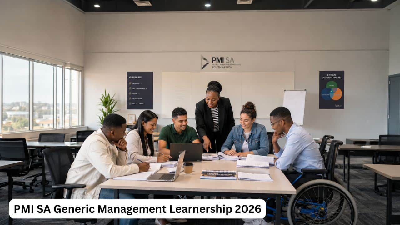 Young South African learners attending an inclusive generic management training session with workplace documents and laptops.