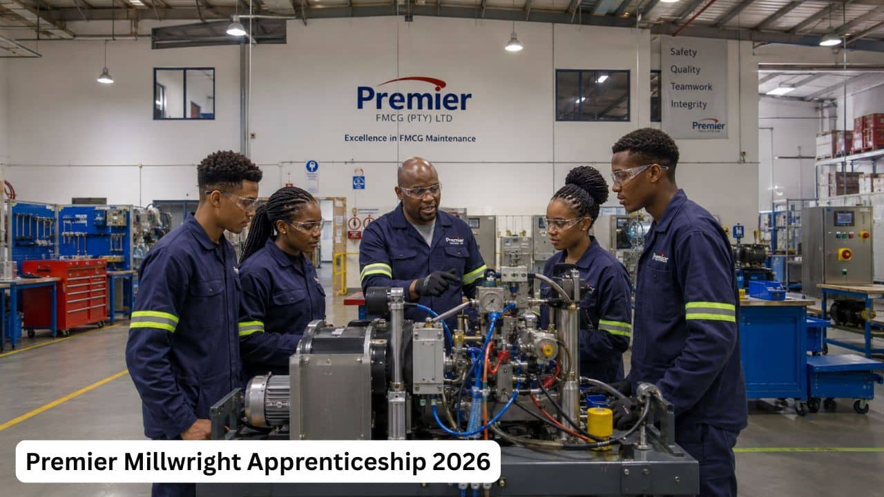 Young South African apprentices learning mechanical and electrical maintenance during the Premier Millwright Apprenticeship 2026.