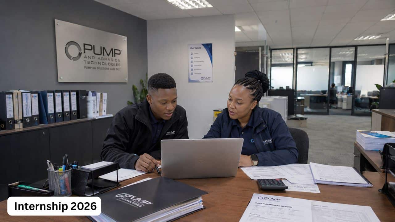 Young South African finance intern reviewing debtor and credit documents during a Pump and Abrasion Technologies internship.