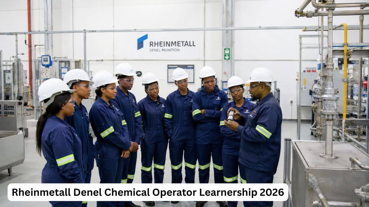Young South African learners in safety gear during the Rheinmetall Denel Chemical Operator Learnership 2026.