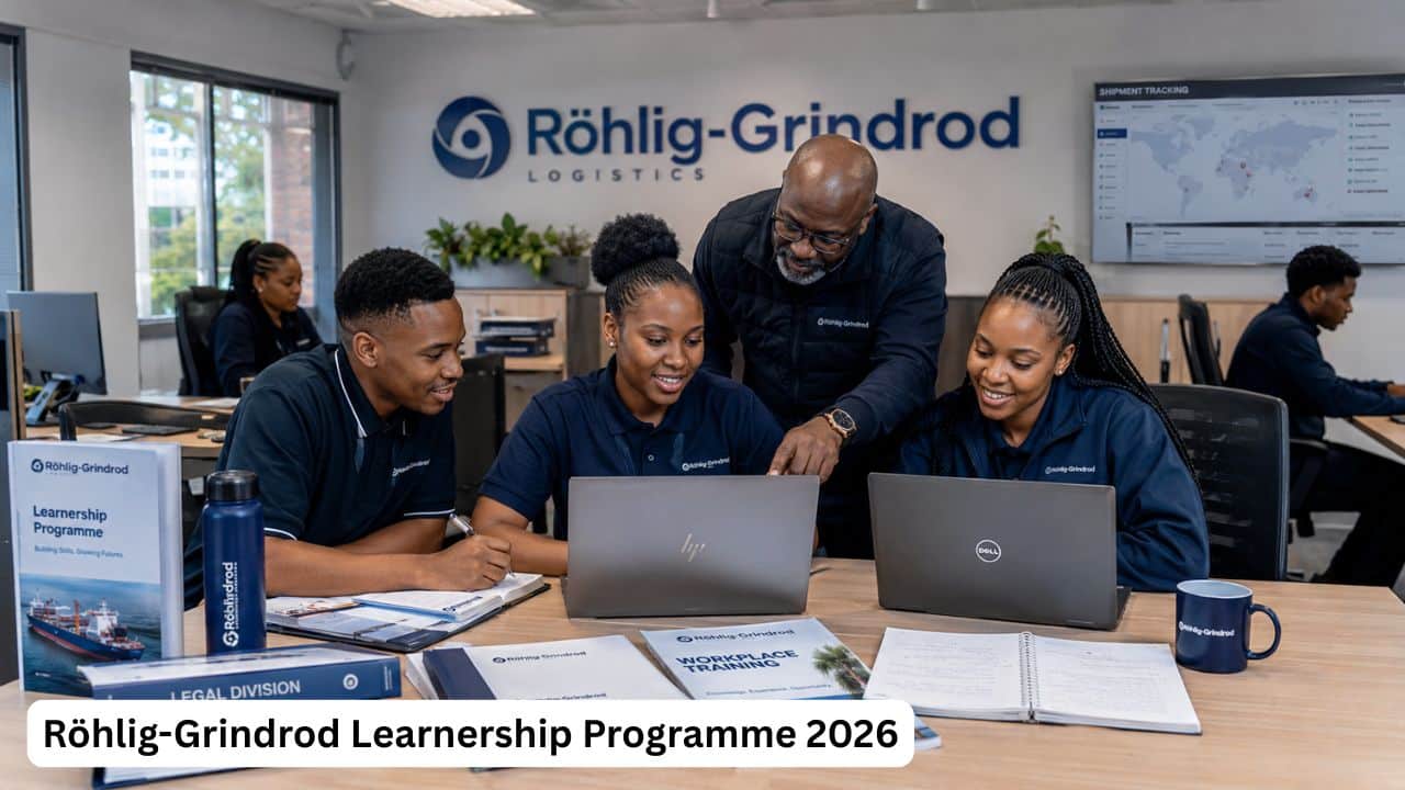 Young South African learnership candidates reviewing logistics, IT and office administration documents in a professional workplace.