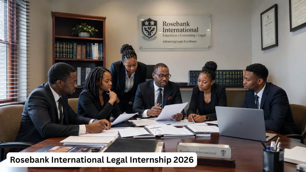 Young South African legal graduates reviewing documents during the Rosebank International Legal Internship 2026.