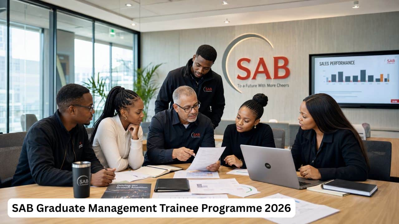 Young South African graduate trainees reviewing business and leadership development documents inside a SAB workplace.