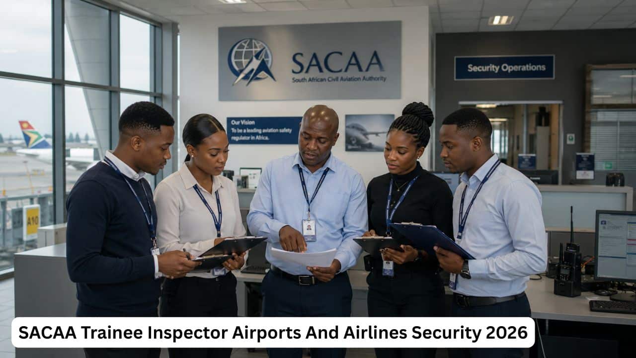 South African aviation security trainees reviewing inspection documents for the SACAA Trainee Inspector 2026 role.