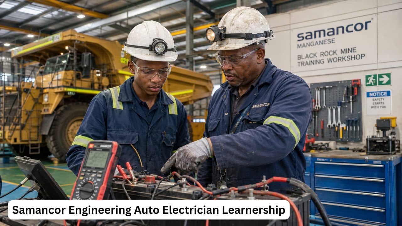 Young South African engineering learner receiving auto electrician training in a mining workshop