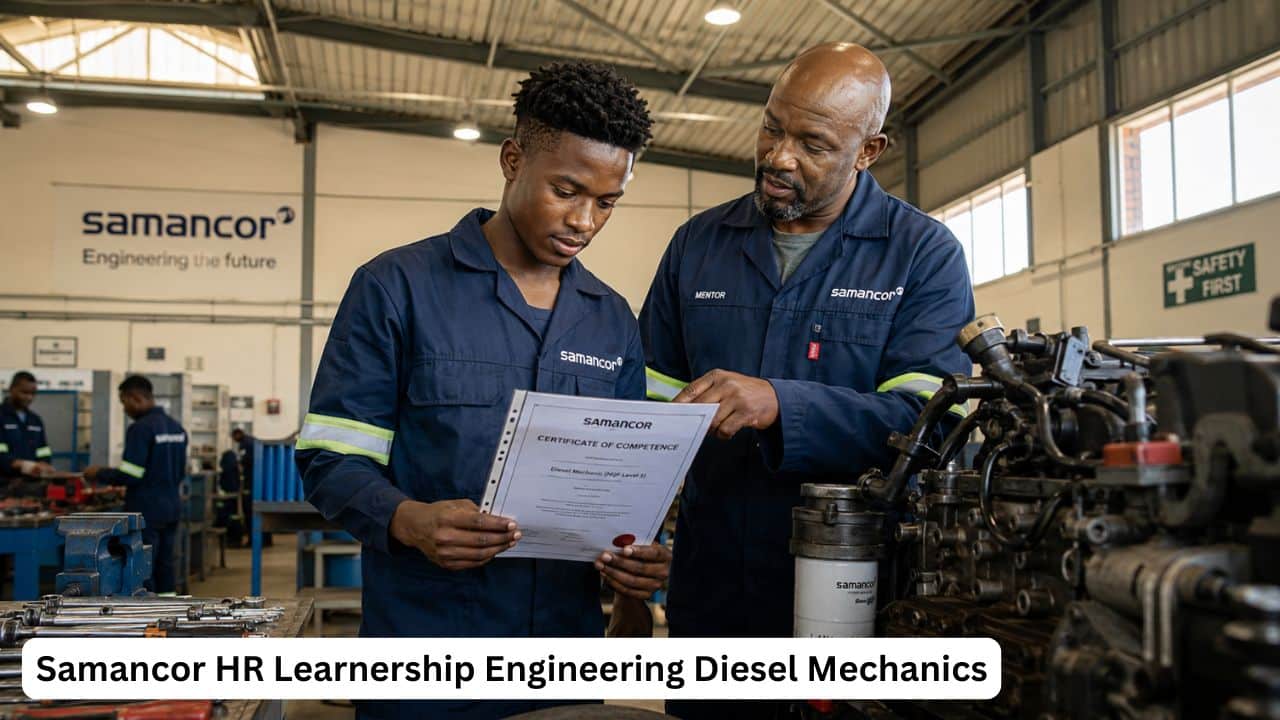 Young South African diesel mechanics learner preparing documents for the Samancor HR Learnership Engineering opportunity.