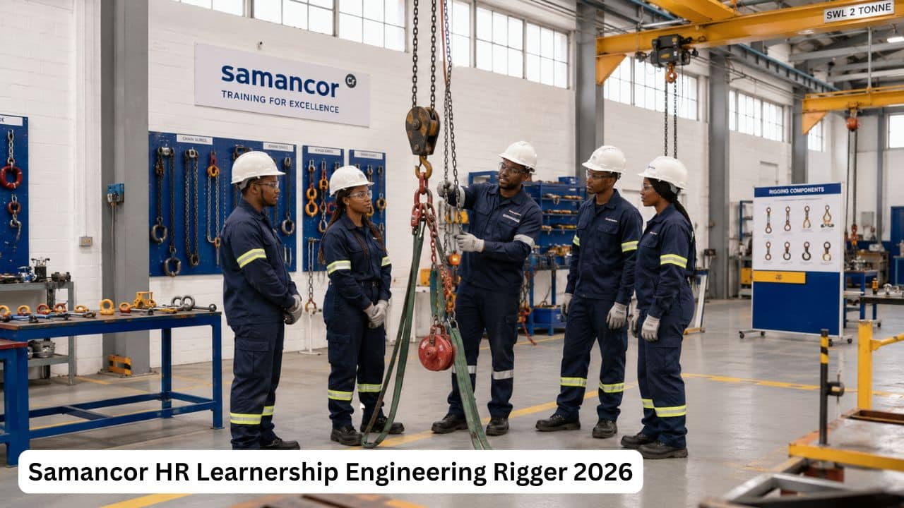 Young South African engineering learners attending Samancor rigger training in a mining workshop