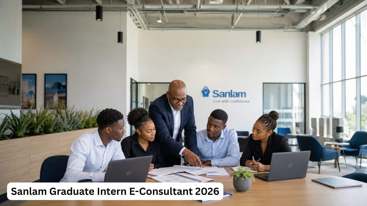 Young South African graduate interns reviewing broker support and financial services documents inside a Sanlam office.